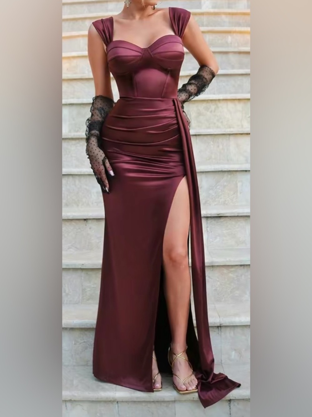 Burgundy Satin High-Slit Gown